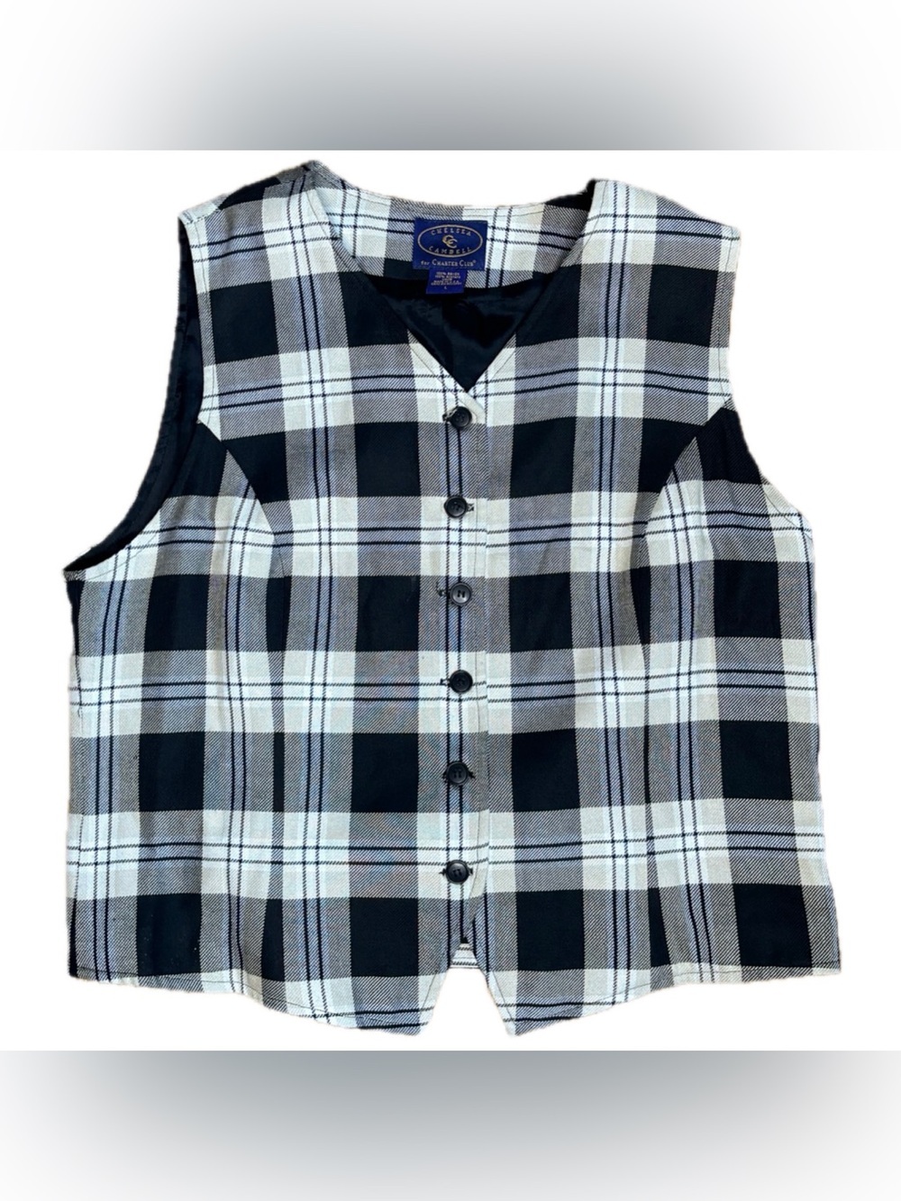Vintage Black Beige White Plaid Button Down Vest Size Large Y2K 90s Lagenlook